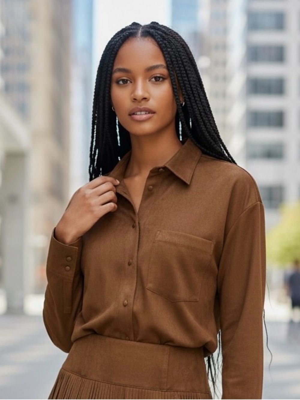 Antonio Melani Paulalexis Faux Suede Button Front Shirt Russet Brown Size 4